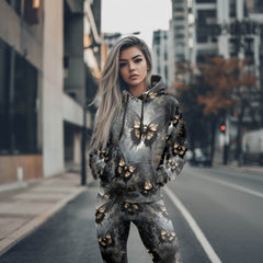 Women Hoodie and Leggings, Tan Butterfly Skull Gothic Outwear Pants Outfit