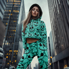 Women Hoodie and Leggings, Cyan Paisley Face Outwear Pants Outfit