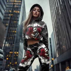 Women Hoodie and Leggings, Couple Skeleton Rose Outwear Pants Outfit