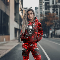Women Hoodie and Leggings, Red Leaf Skull Grunge Outwear Pants Outfit