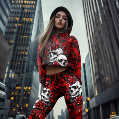 Women Hoodie and Leggings, Red Skull Floral Rose Outwear Pants Outfit