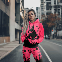 Women Hoodie and Leggings, Pink Cartoon Art Outwear Pants Outfit