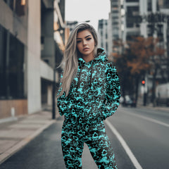 Women Hoodie and Leggings, Cyan Skull Pattern Outwear Pants Outfit