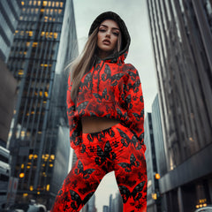 Women Hoodie and Leggings, Red Butterfly Skull Grunge Outwear Pants Outfit