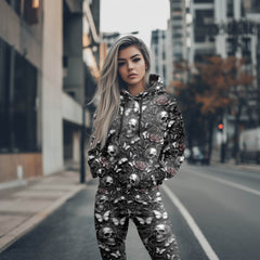 Women Hoodie and Leggings, Ashen Bloom Skull Pattern Outwear Pants Outfit