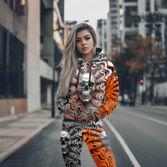 Women Hoodie and Leggings, Orange Wavy Skull Art Outwear Pants Outfit
