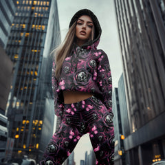 Women Hoodie and Leggings, Neon Purple Skull Rose Outwear Pants Outfit