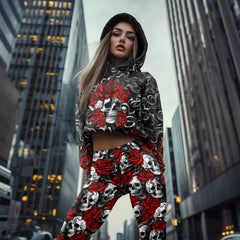 Women Hoodie and Leggings, Swirling Scarlet Skull Outwear Pants Outfit