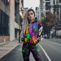 Women Hoodie and Leggings, Neon Sugar Skulls Pattern Outwear Pants Outfit