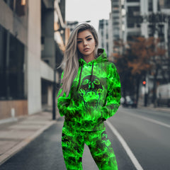 Women Hoodie and Leggings, Green Skull Flaming Outwear Pants Outfit