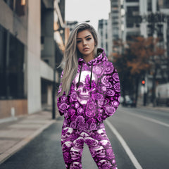 Women Hoodie and Leggings, Violet Gothic Skull Rose Outwear Pants Outfit