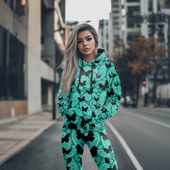 Women Hoodie and Leggings, Cyan Pattern Butterfly Outwear Pants Outfit
