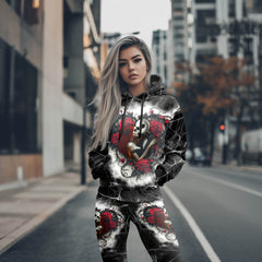 Women Hoodie and Leggings, Couple Skeleton Rose Outwear Pants Outfit