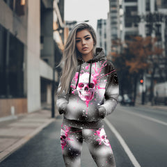 Women Hoodie and Leggings, Pink Skull Melting Outwear Pants Outfit