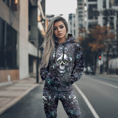 Women Hoodie and Leggings, Abstract Skull Leaf Outwear Pants Outfit