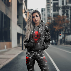 Women Hoodie and Leggings, Red Skull Leaf Art Outwear Pants Outfit