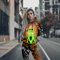 Women Hoodie and Leggings, Orange Haunted Skeleton Outwear Pants Outfit