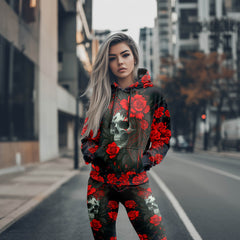Women Hoodie and Leggings, Red Skull Rose Queen Outwear Pants Outfit
