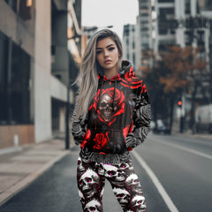 Women Hoodie and Leggings, Gothic Bleeding Rose Skull Outwear Pants Outfit
