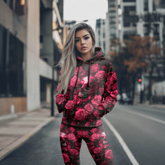 Women Hoodie and Leggings, Pink Skull Rose Artwork Outwear Pants Outfit