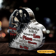 Love Places Memories - Customized Skull Couple Crystal Heart Anniversary Gifts