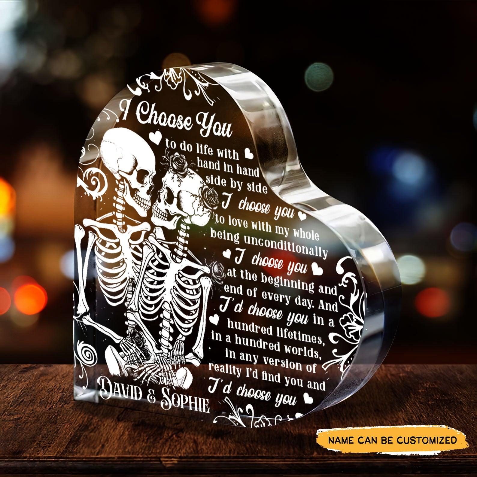 I Choose You - Customized Skull Couple Crystal Heart Anniversary Gifts - Wonder Skull