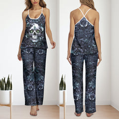 Dark Skull Rose Filigree Cami Pajamas Sets For Women Sleepwears Combo