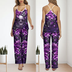 Purple Skull Gothic Rose Cami Pajamas Sets For Women Sleepwears Combo