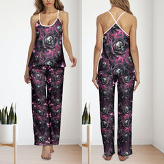 Neon Purple Skull Rose Cami Pajamas Sets For Women Sleepwears Combo