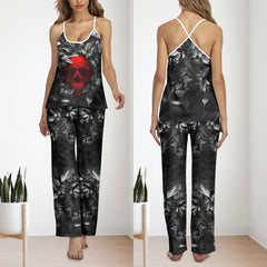 Red Skull Leaf Gothic Cami Pajamas Sets For Women Sleepwears Combo