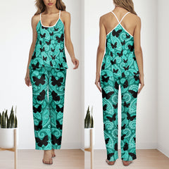 Cyan Butterfly Pattern Pajamas Sets For Women Sleepwears Combo