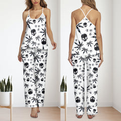 Black Skull Leaf Pattern Cami Pajamas Sets For Women Sleepwears Combo