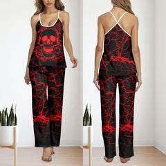 Red Thunder Skull Rose Cami Pajamas Sets For Women Sleepwears Combo