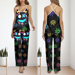 Neon Skull Leaf Pattern Cami Pajamas Sets For Women Sleepwears Combo