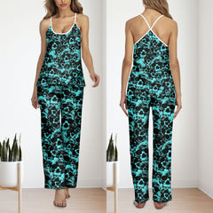 Cyan Skull Pattern Pajamas Sets For Women Sleepwears Combo