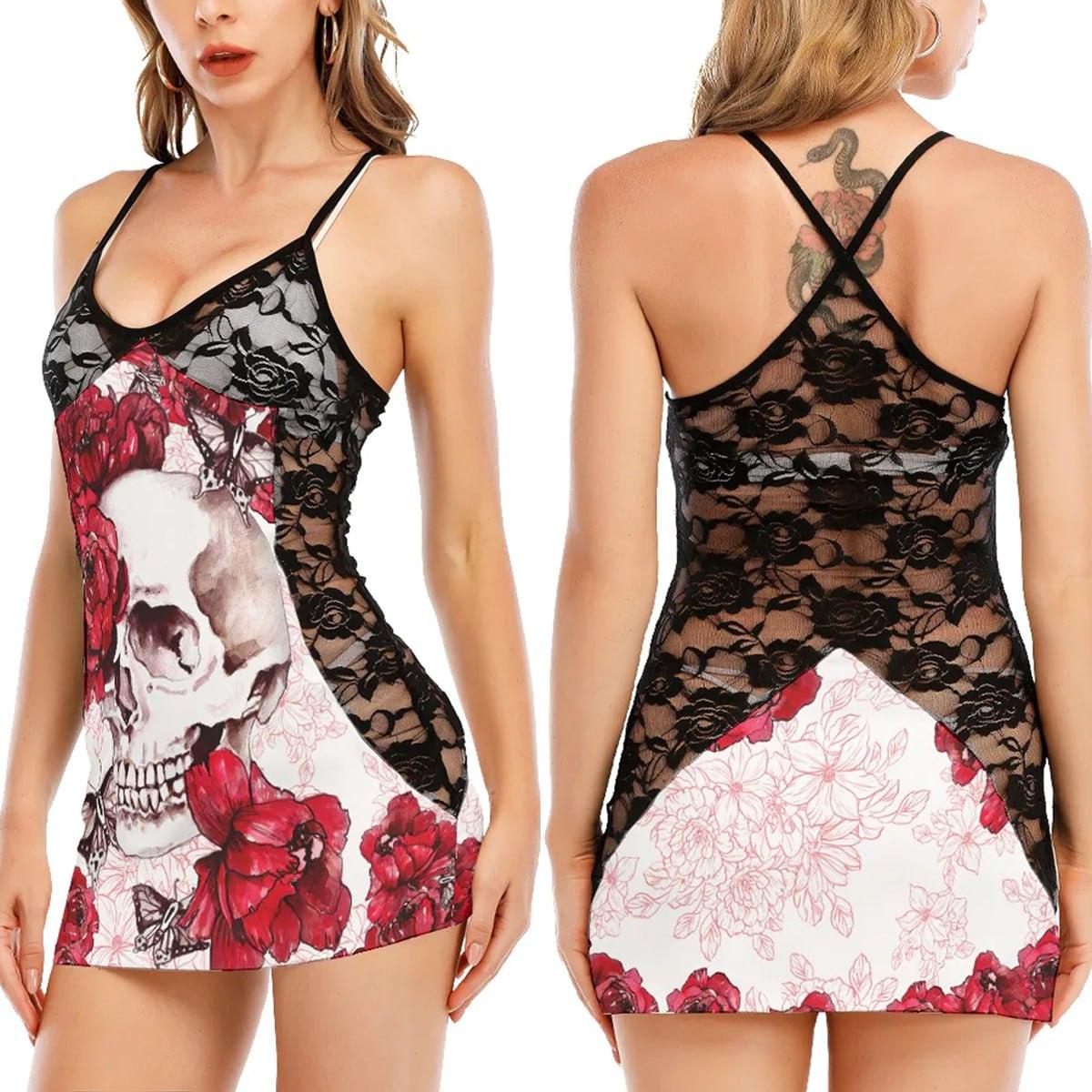 Skull And Red Flower All-Over Print Women's Black Lace Cami Dress - Wonder Skull