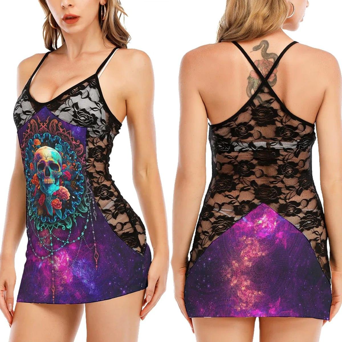 Skull And Dream Catcher All-Over Print Women's Black Lace Cami Dress - Wonder Skull