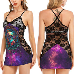 Skull And Dream Catcher All-Over Print Women's Black Lace Cami Dress - Wonder Skull