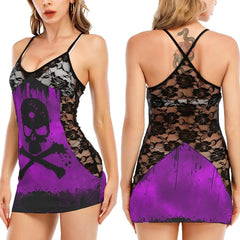 Purple And Black Skull All-Over Print Women's Black Lace Cami Dress - Wonder Skull