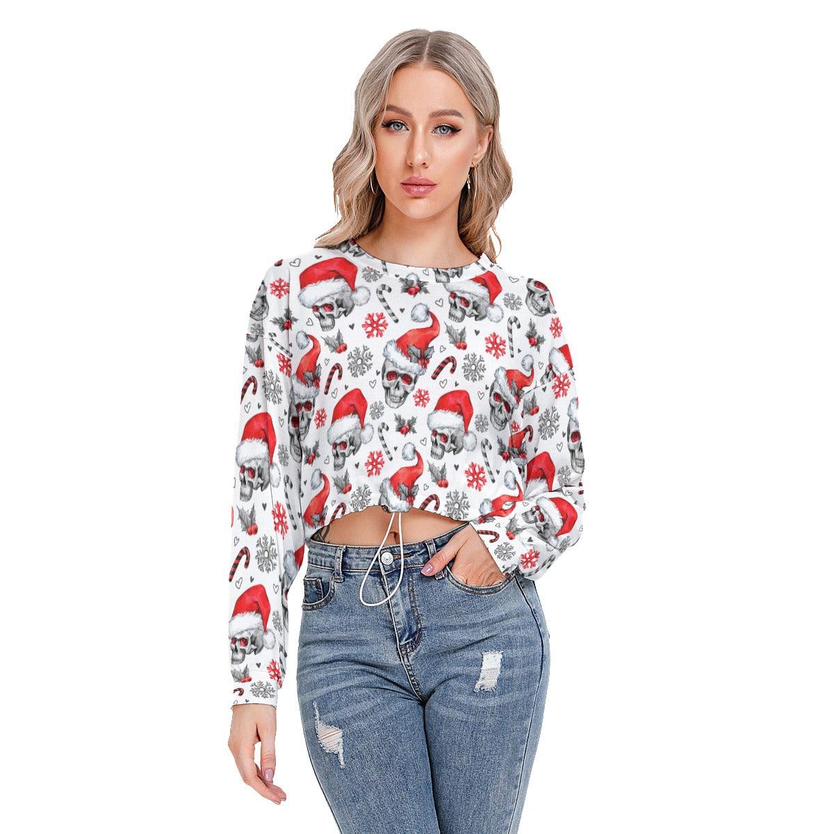 Skull Pattern Long Sleeve Sweatshirt With Hem Drawstring - Wonder Skull