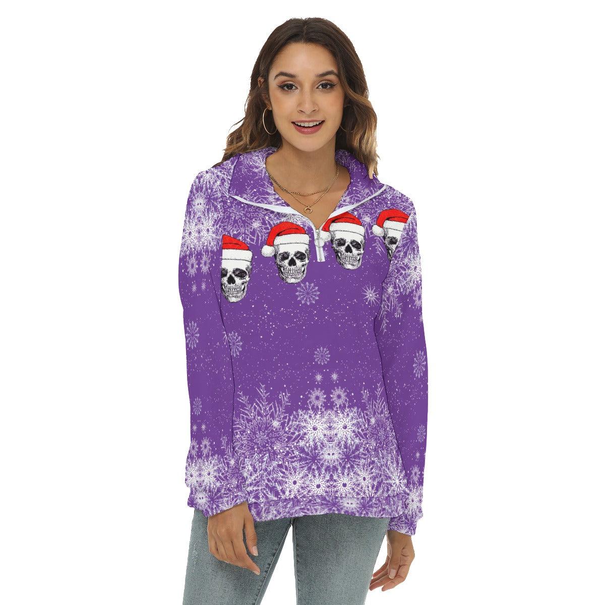 Christmas Skull Borg Fleece Sweatshirt With Half Zip - Wonder Skull