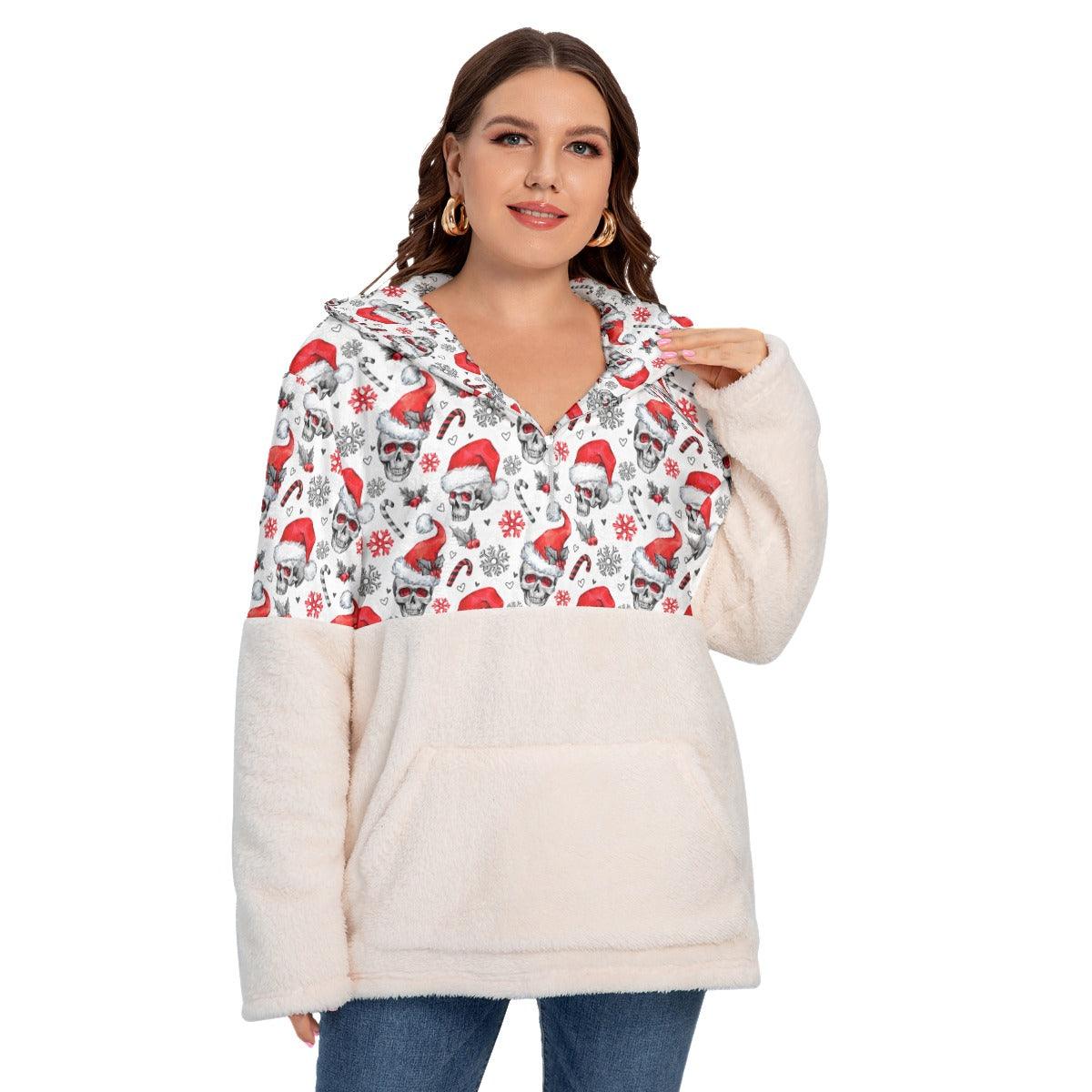 Christmas Skull Pattern Borg Fleece Hoodie With Half Zip - Wonder Skull