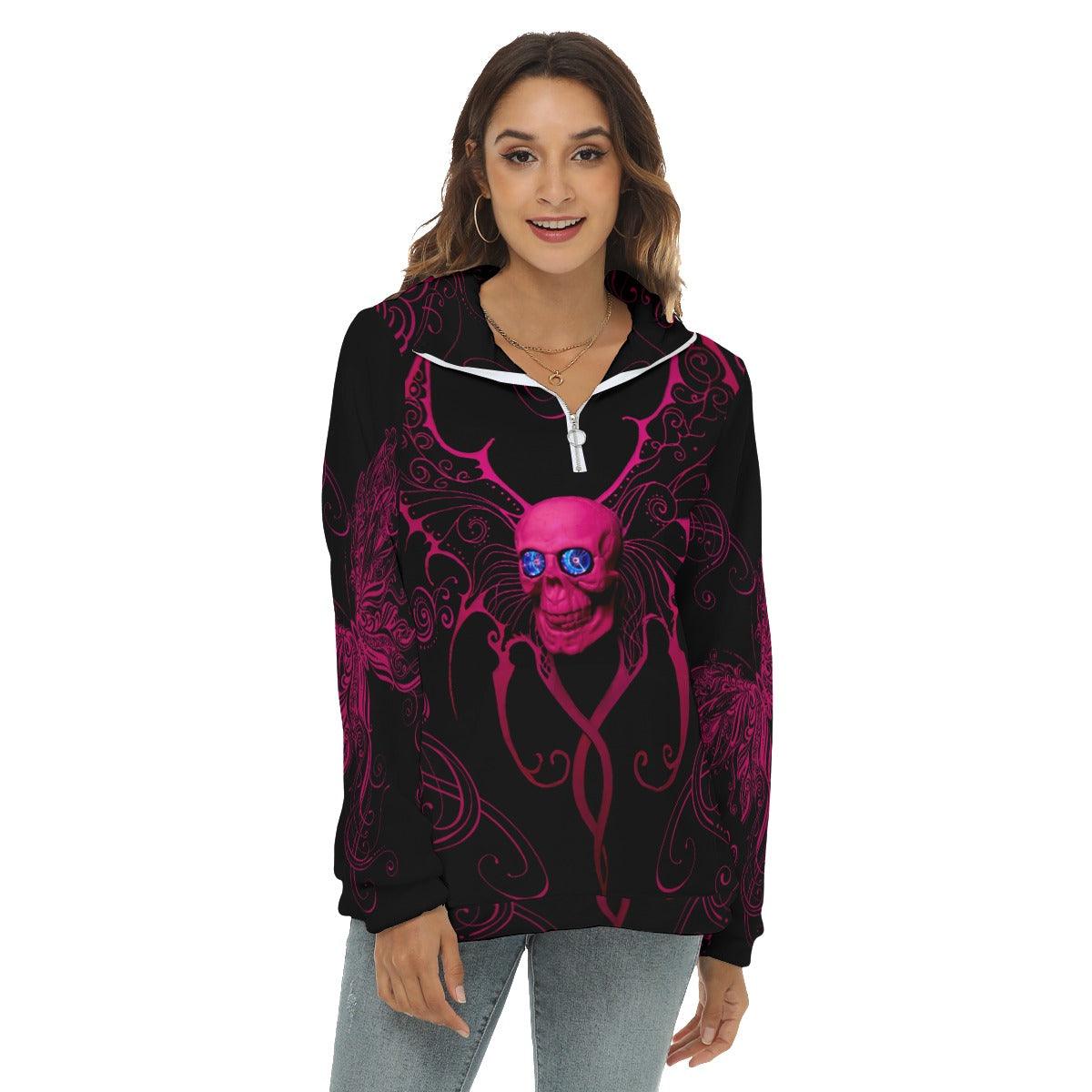 Pink Skull Butterfly Borg Fleece Sweatshirt With Half Zip - Wonder Skull