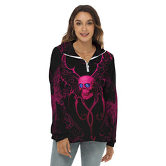 Pink Skull Butterfly Borg Fleece Sweatshirt With Half Zip - Wonder Skull