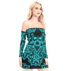 Turquoise Mandala Skull Off-shoulder Back Lace-up Dress - Wonder Skull
