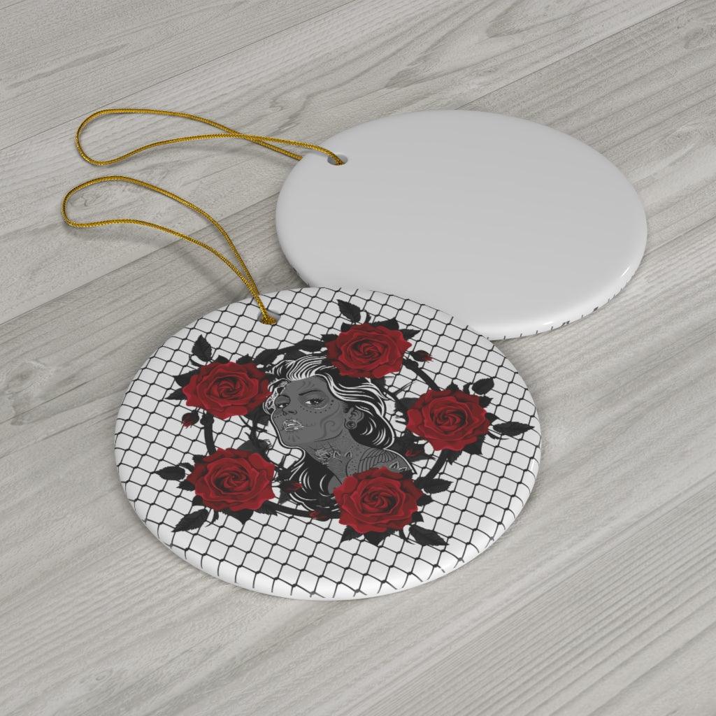 Vintage Sugar Skull Girl With Roses Ceramic Ornaments - Wonder Skull