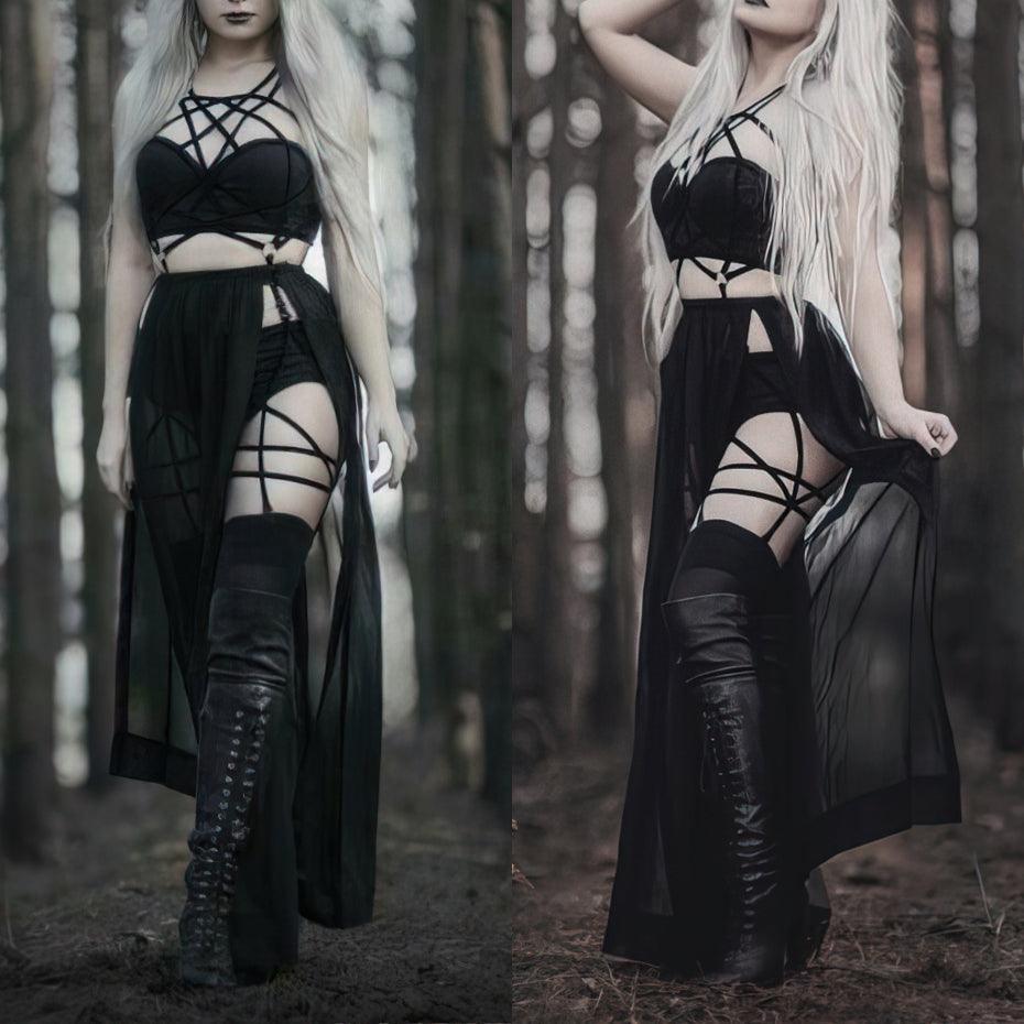 Gothic 3 Piece Straps Dress, Sexy Sling Sleeveless Vestido Set For Women - Wonder Skull