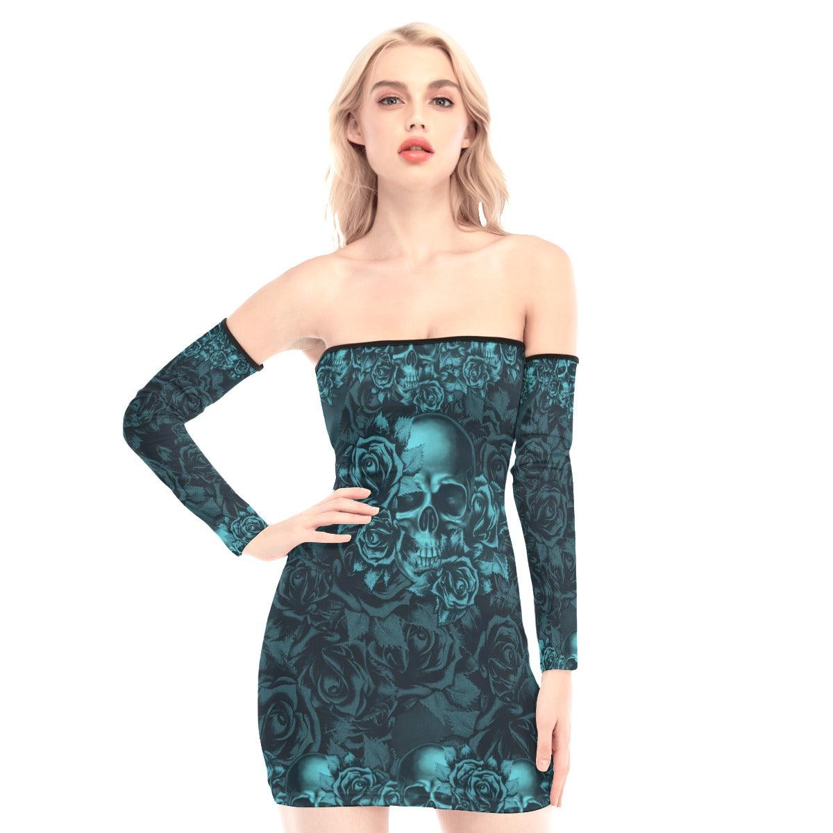 Marble Blue Gothic Skull Off-shoulder Back Lace-up Dress - Wonder Skull