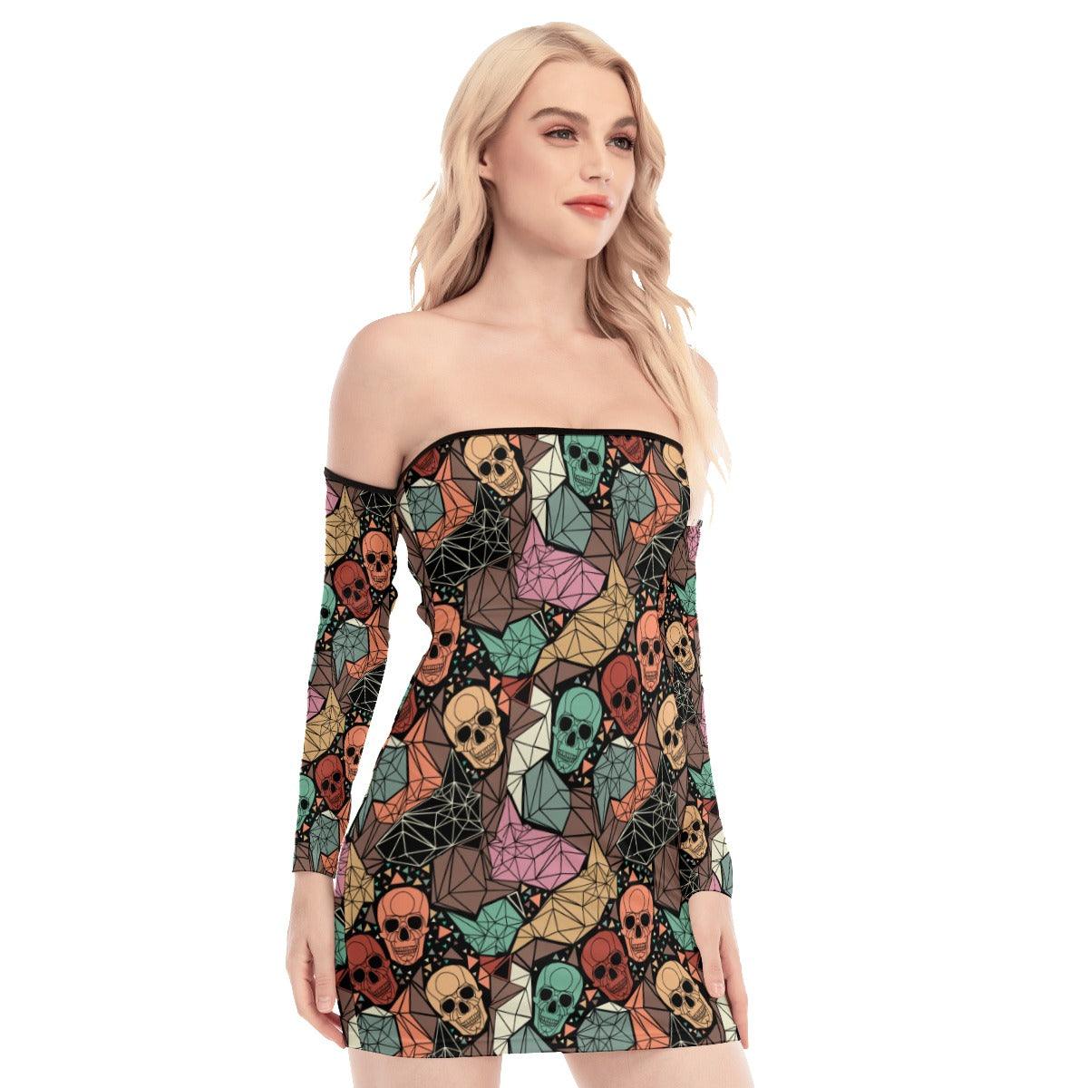 Skull Pattern Off-shoulder Back Lace-up Dress. - Wonder Skull