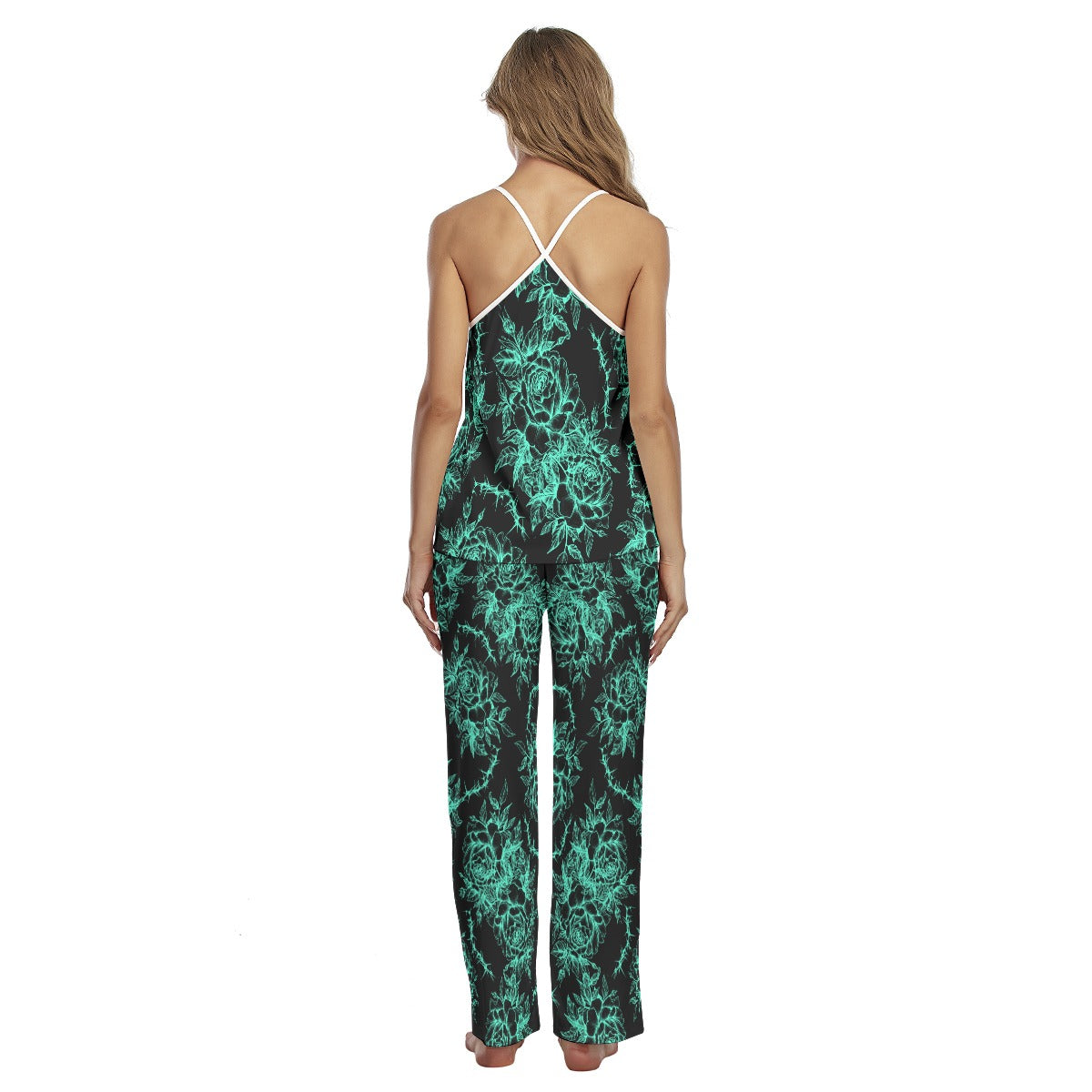 Green Skull Rose Cami Pajamas Sets For Women Sleepwears Combo - Wonder Skull